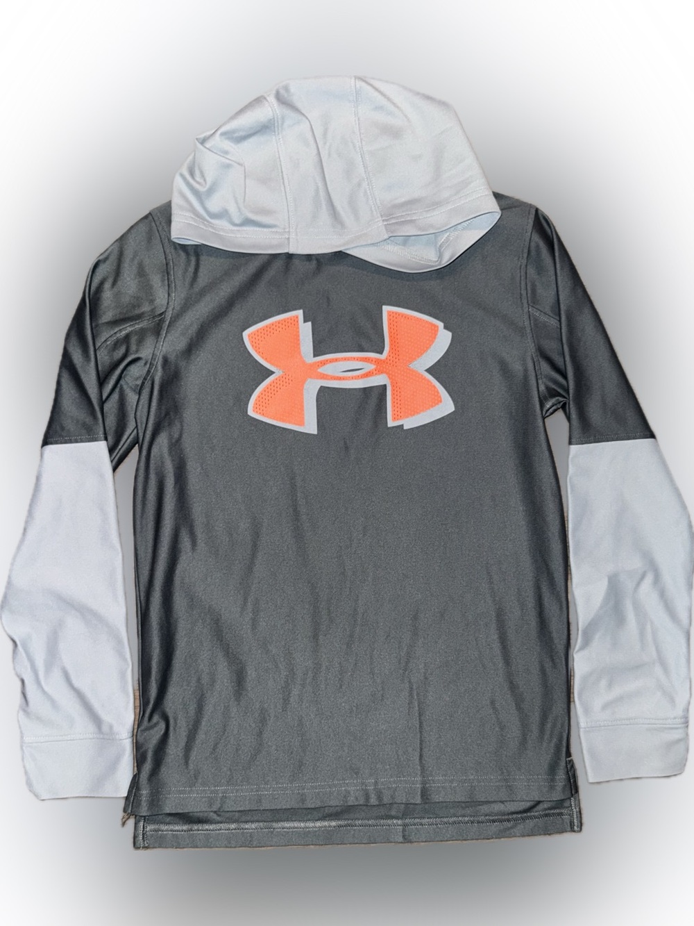 Under Armour Gray and White Hoodie with Orange Logo, boys, size medium